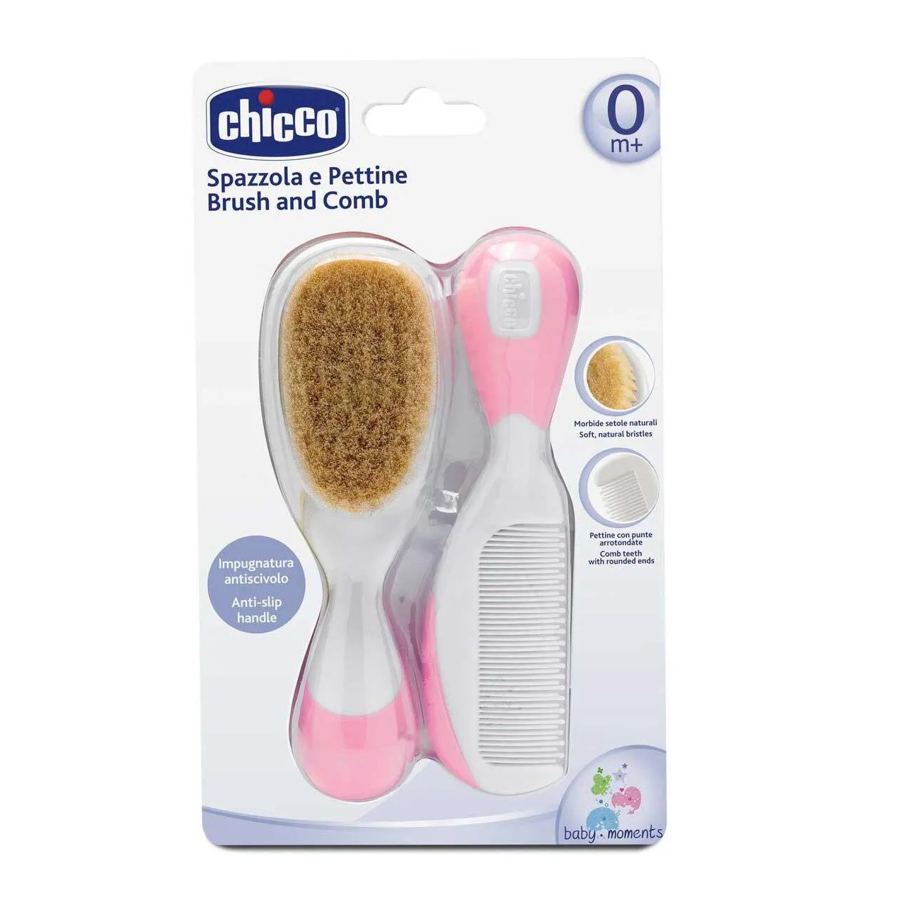Kit Escova e Pente Chicco de Cerdas Naturais Cor Rosa com 1 unidade