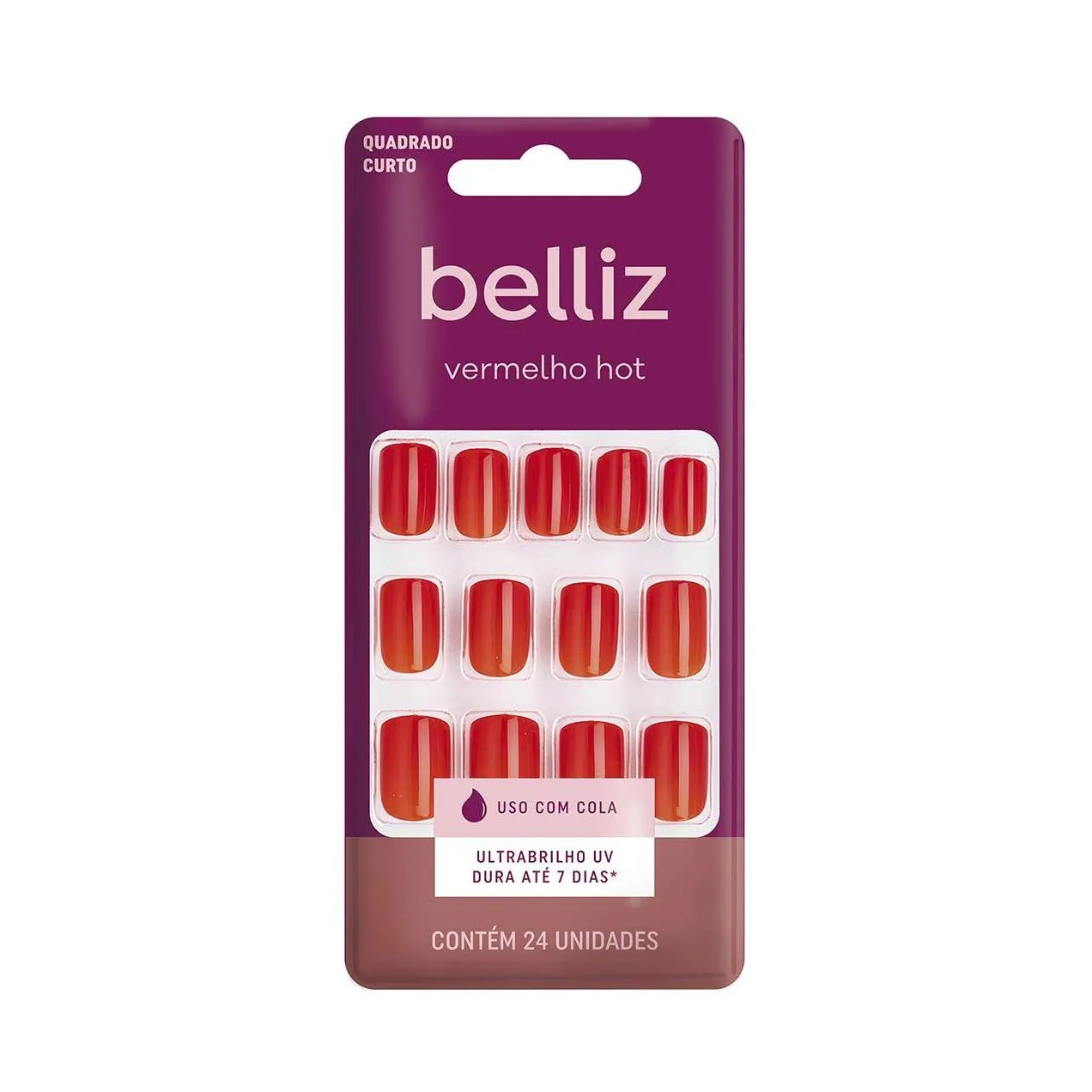 Unhas Postiças Belliz Vermelho Hot 24 Unidades