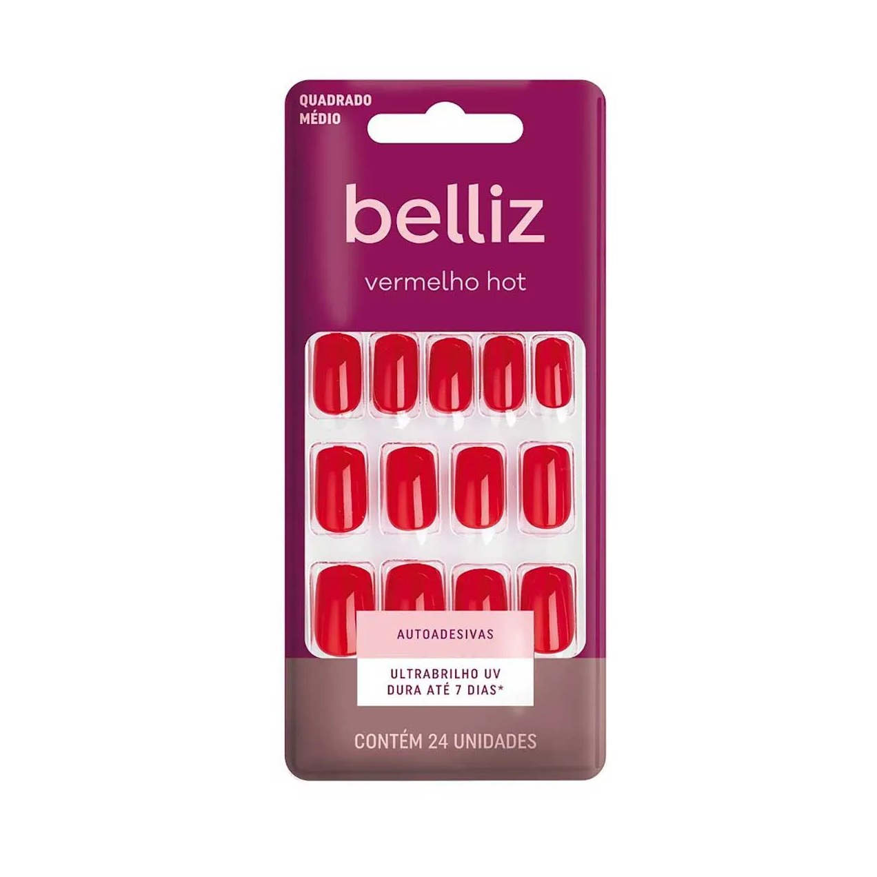 Unhas Postiças Autoadesivas Belliz Vermelho Hot 24 Unidades