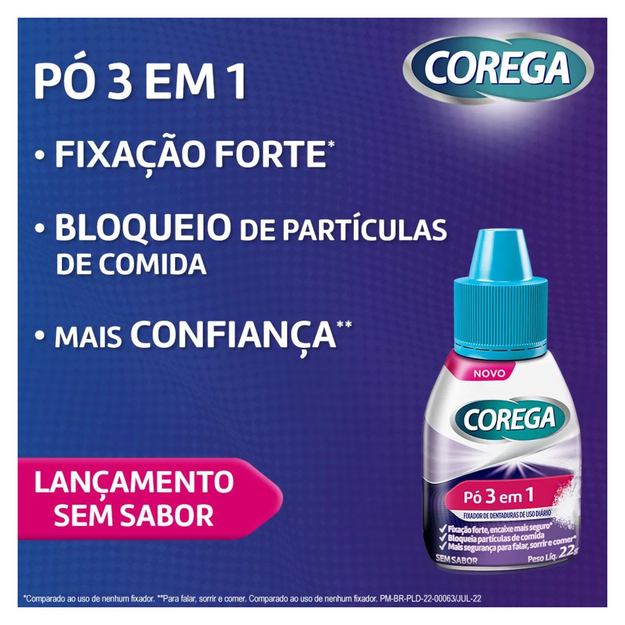 Pó Fixador de Dentaduras Corega 3 em 1 Sem Sabor 22g