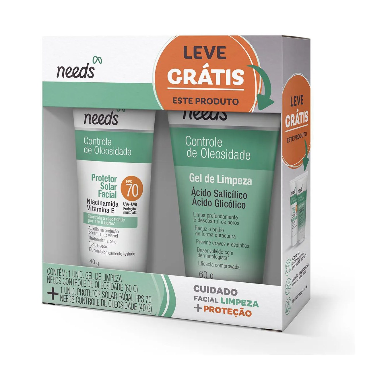 Kit Facial Needs Protetor Solar FPS 70 40g + Gel de Limpeza 60g
