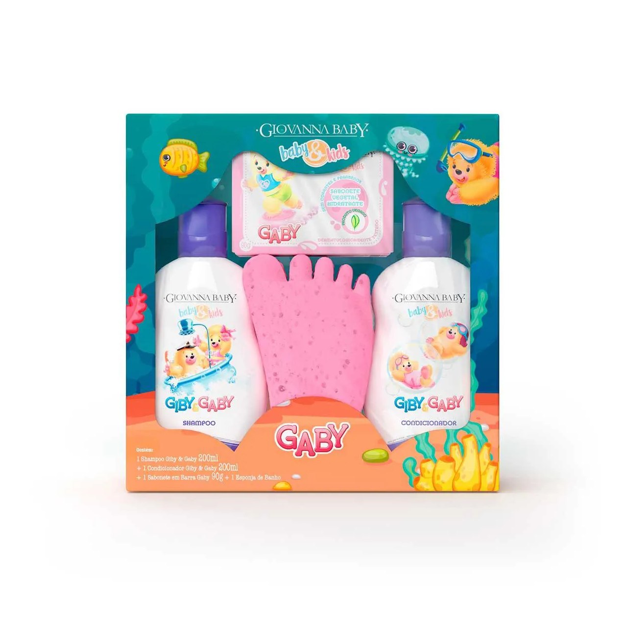 Kit Giovanna Baby Hora do Banho Gaby Shampoo 200ml + Condicionador 200ml + Sabonete em Barra 90g + 1 Esponja de Banho Rosa