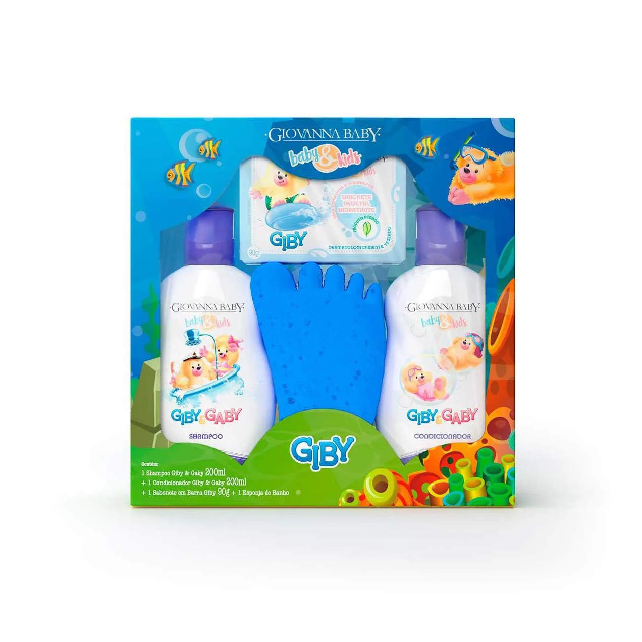 Kit Giovanna Baby Hora do Banho Giby Shampoo 200ml + Condicionador 200ml + Sabonete em Barra 90g + 1 Esponja de Banho Azul