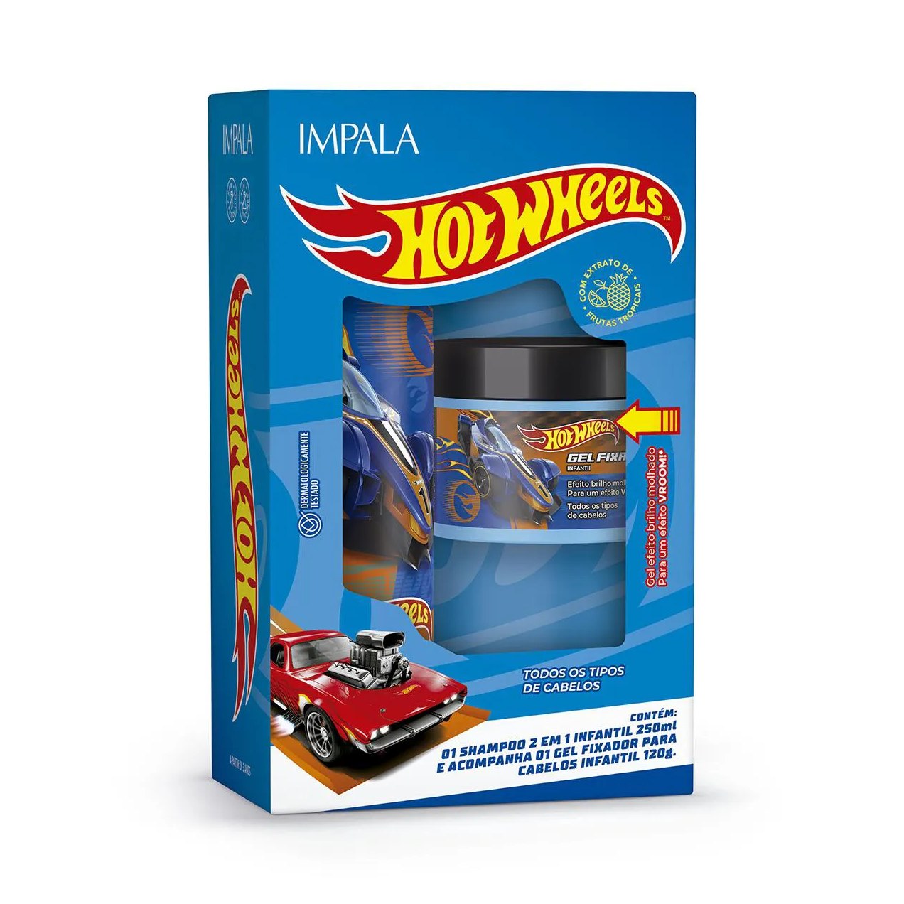 Kit Impala Hot Wheels Shampoo 2 em 1 250ml + Gel Fixador Azul 120g