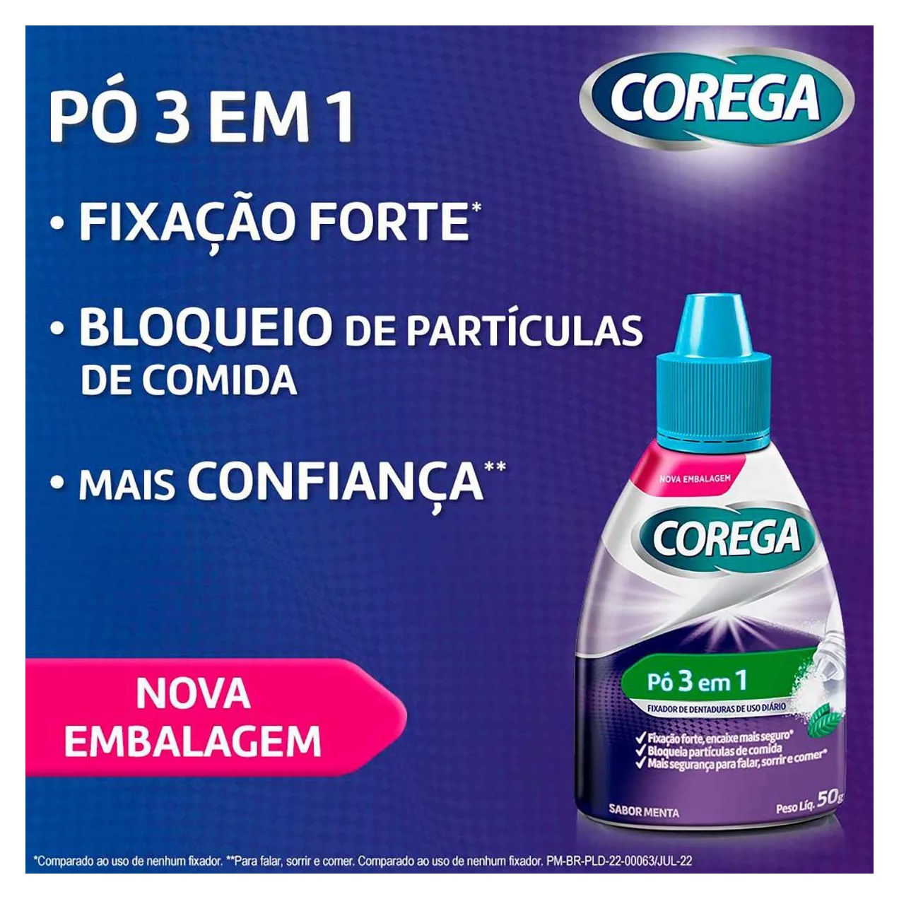 Pó Fixador de Dentaduras Corega 3 em 1 Sabor Menta 50g