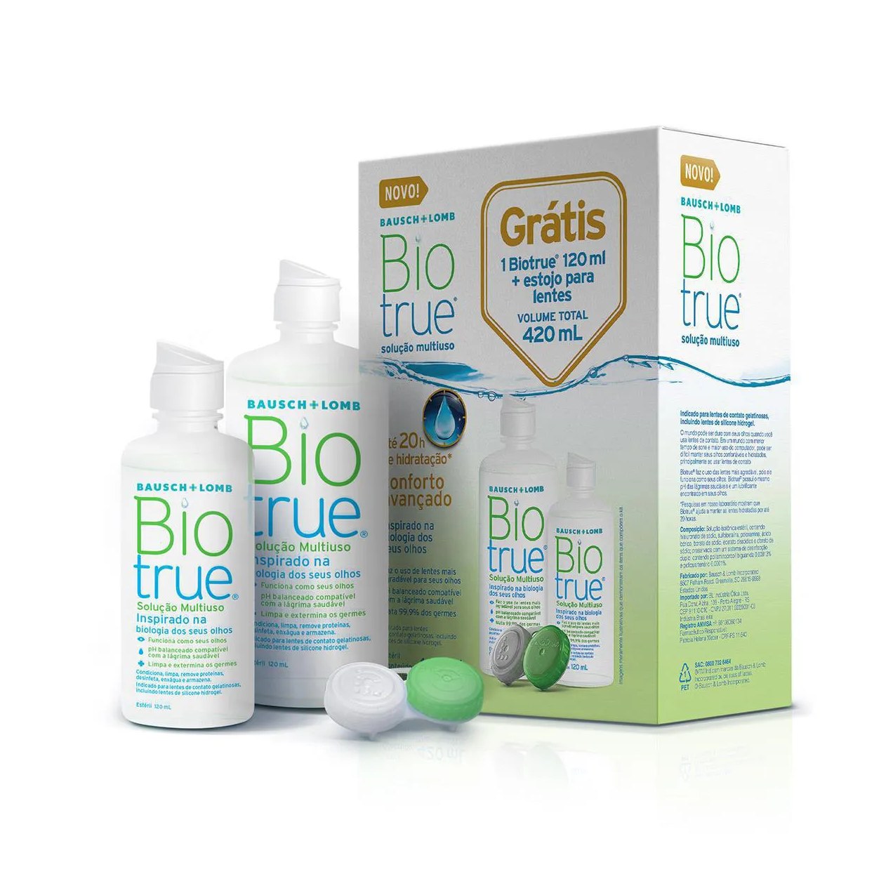 Kit Biotrue Solução para Lentes de Contato com 1 frasco de 300ml + 1 frasco de 120ml + 1 estojo para lentes