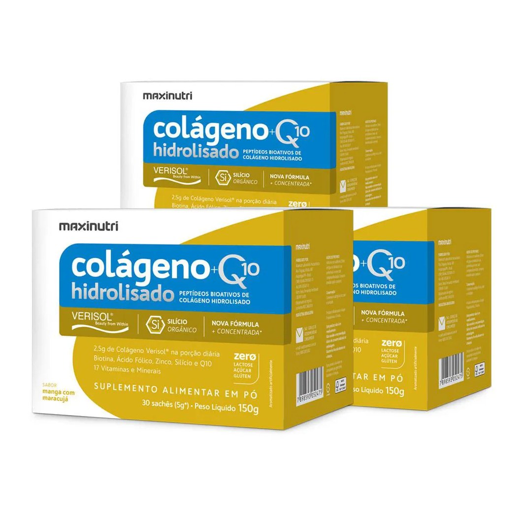 Kit 3 Colágeno + Q10 Verisol Sachê Manga Maracujá Maxinutri