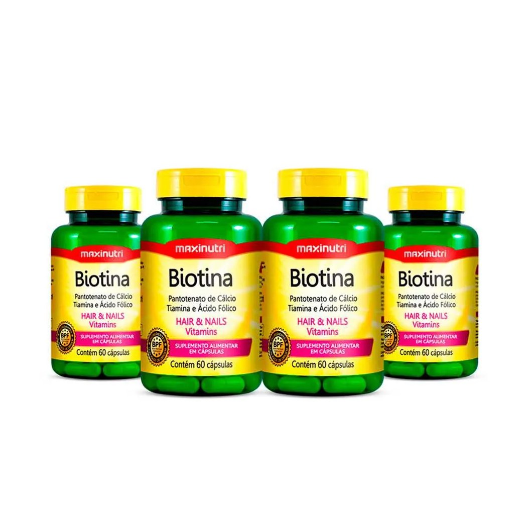 Kit Biotina Maxnutri Vitamina + Ácio Fólico Cabelos e Unhas 60 cápsulas 4 unidades