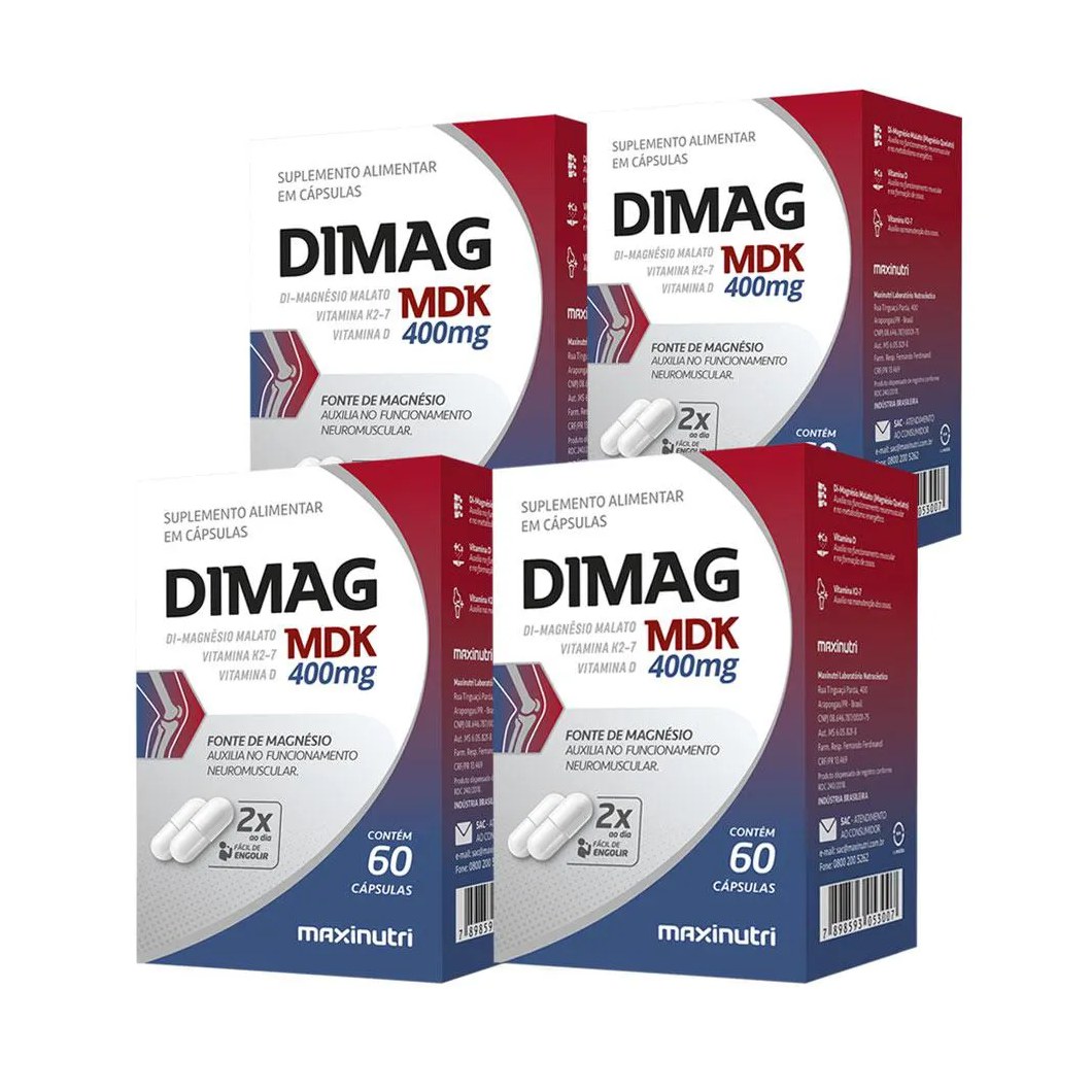 Kit 4 Dimag Mdk Di-magnésio Malato K2-7 60 Cápsulas Maxinutri