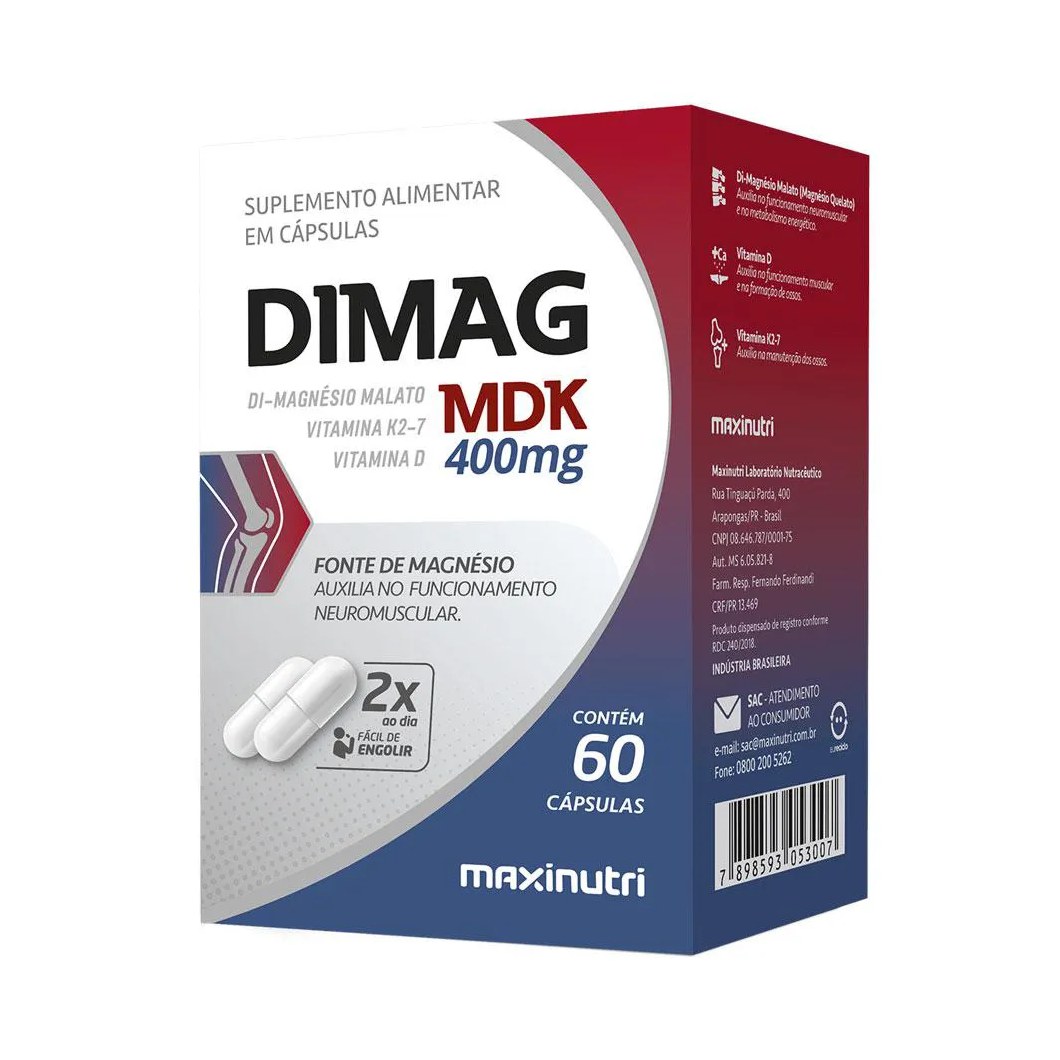Dimag Mdk Di-magnésio Malato Vit D3 e K2-7 60 Cápsulas Maxinutri