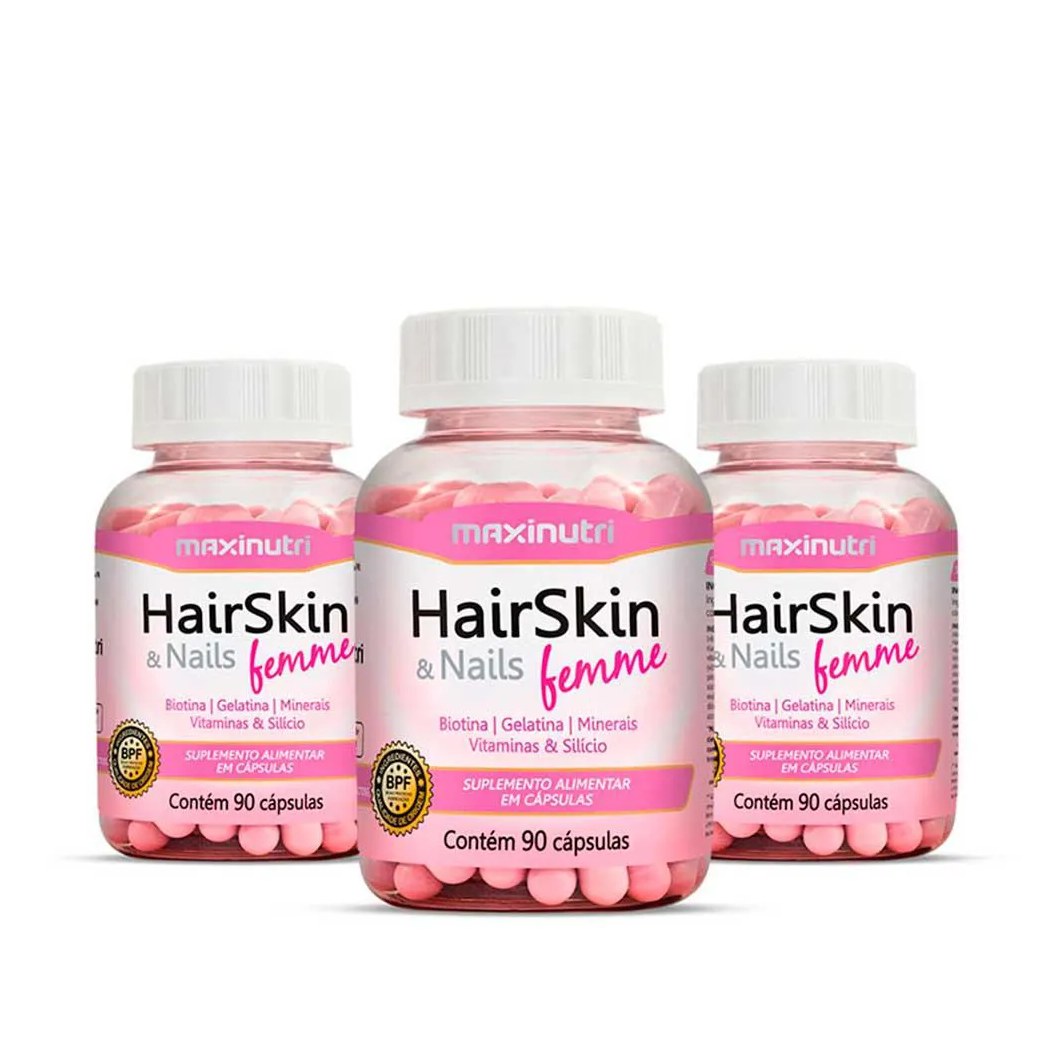 Kit 03 hairskin femme com 90 capsulas maxinutri
