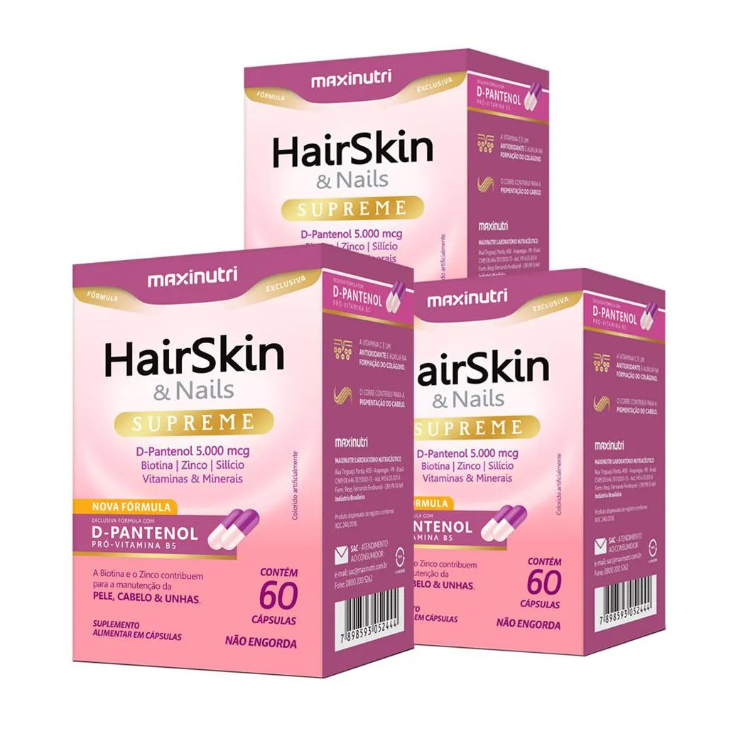 Kit 03 unidades hairskin supreme com d-pantenol 60 capsulas