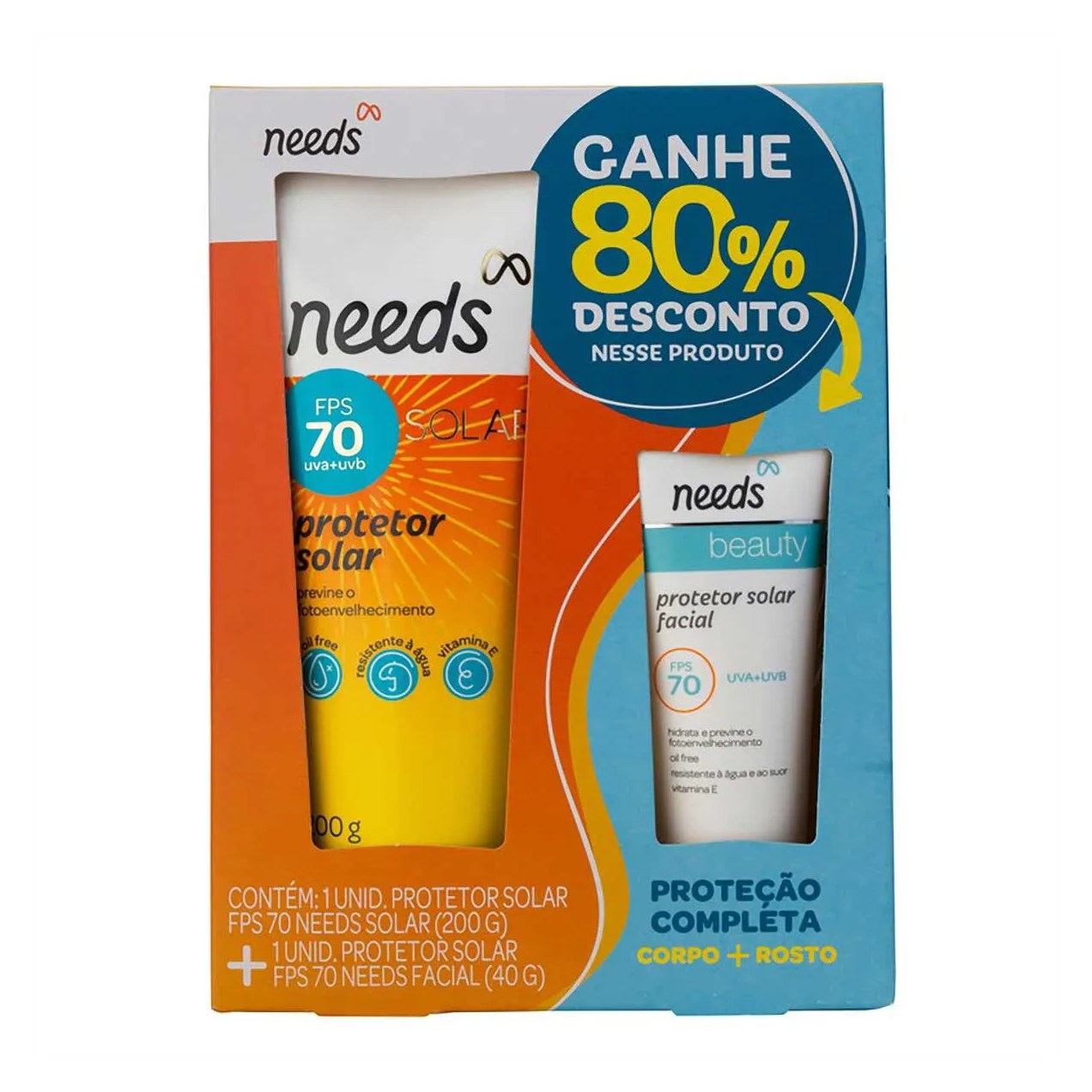Kit Protetor Solar FPS 70 Needs Facial 40g + Corporal 200g