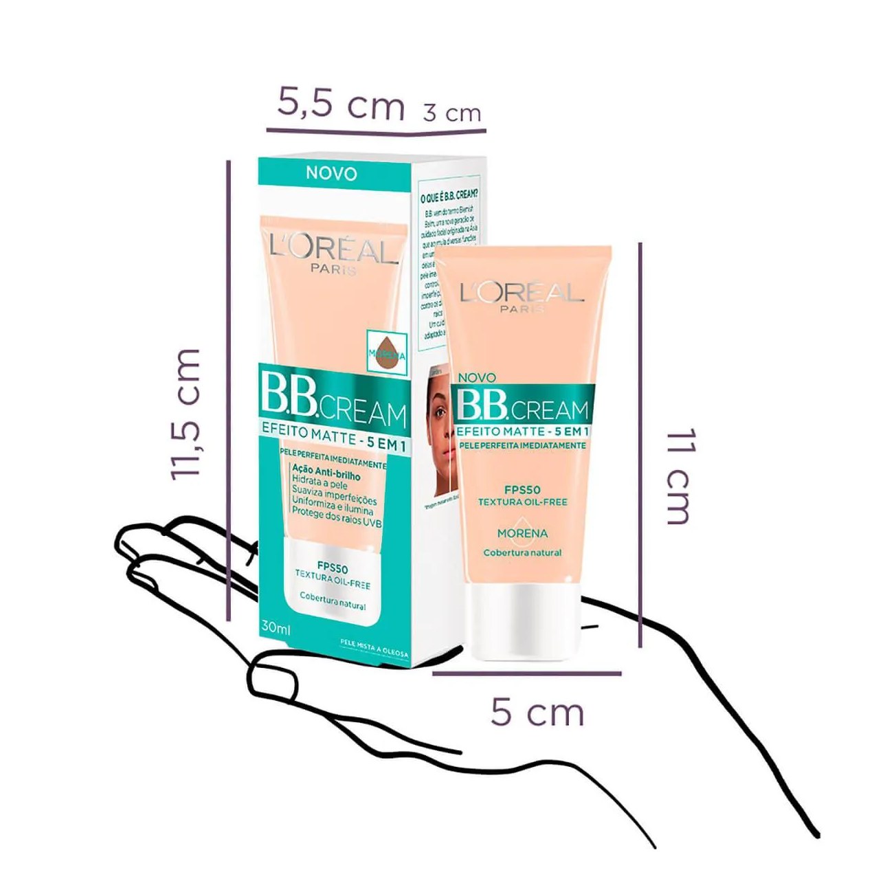 Base BB Cream L'Oréal Paris Efeito Matte 5 em 1 Cor Escura FPS 50 30ml