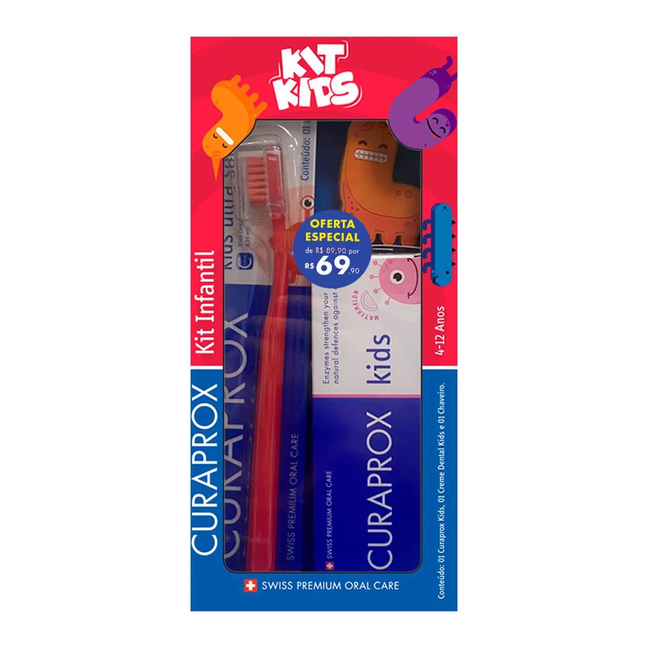 Kit Curaprox Infantil Kids Escova de Dente 4 a 12 Anos + Pasta de Dente Kids + Chaveiro