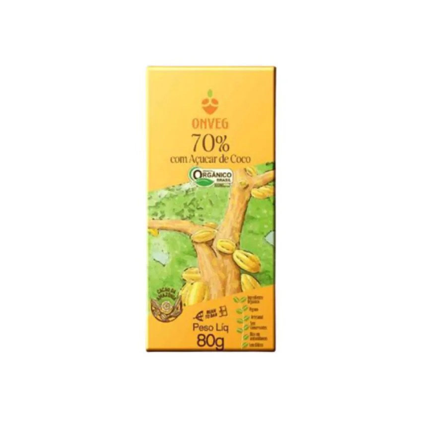 Kit 6x: Chocolate 70% Cacau com Açúcar de Coco Orgânico Onveg 80g