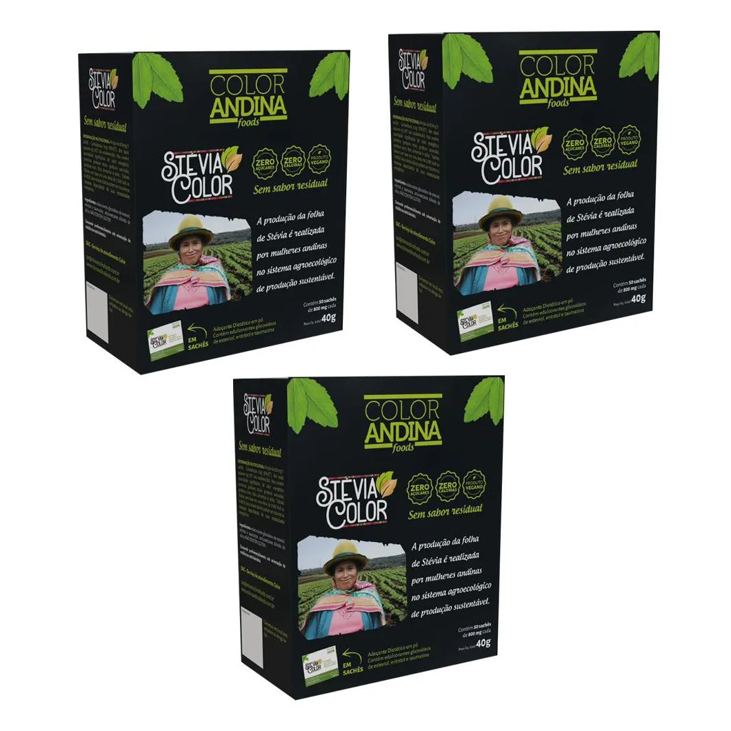 ADOçANTE DIETéTICO EM Pó | COLOR ANDINA | DISPLAY COM 50 SACHêS DE 800 MG - 3 CAIXAS