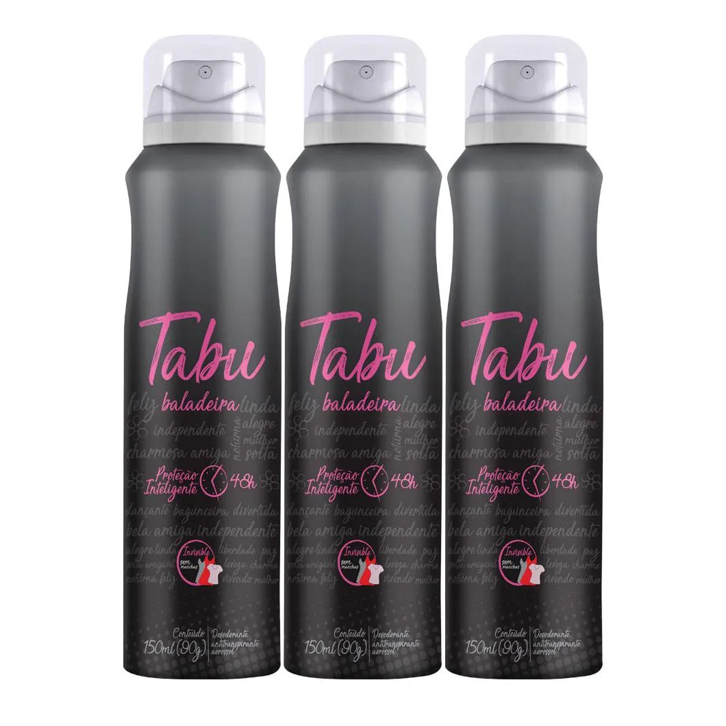Kit Desodorante Antitranspirante Aerosol Tabu Baladeira Feminino 48h 150ml 3 unidades