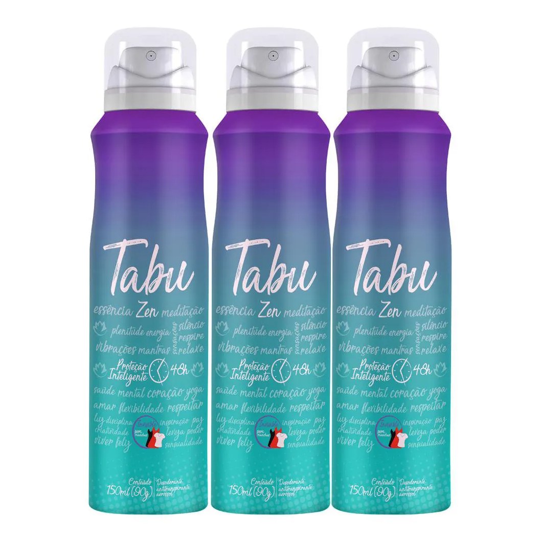 Kit Desodorante Antitranspirante Aerosol Tabu Zen Feminino 48h 150ml 3 unidades