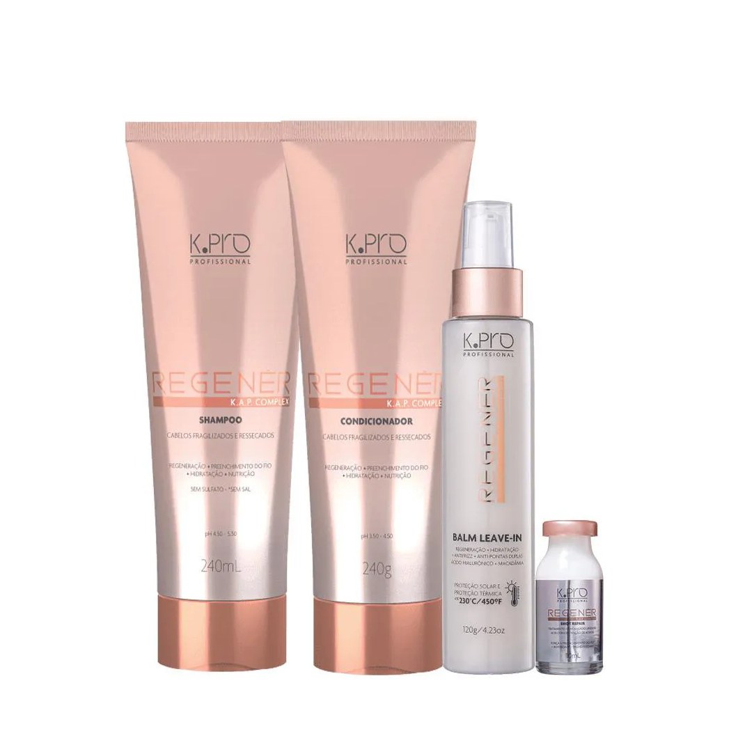 Kit K.pro Profissional Regenér Shampoo Condicionador Leave-in e Ampola (4 Produtos)