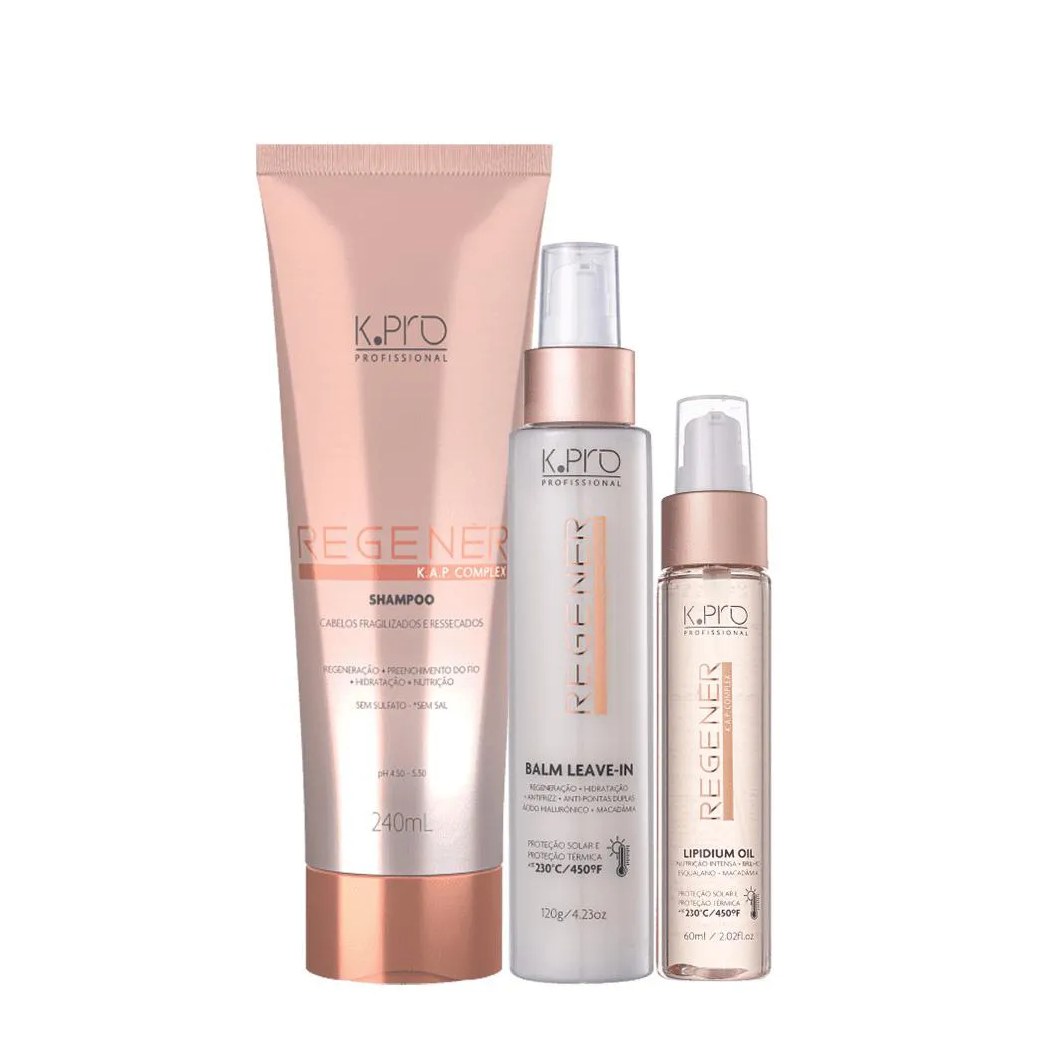 Kit K.pro Profissional Regenér Shampoo Leave-in e Oil (3 Produtos)