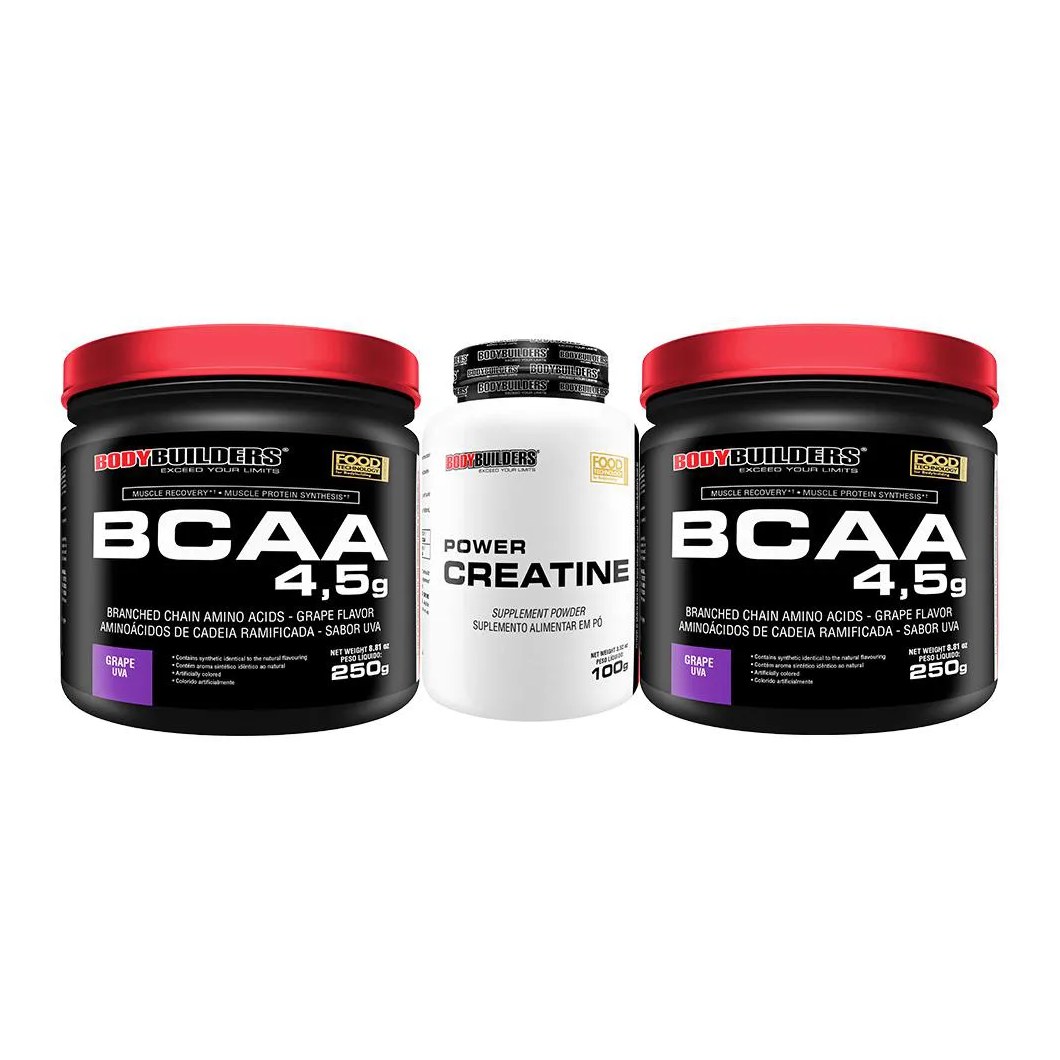 Kit 2x Bcaa Powder 4.5 250g + Power Creatina 100g - Bodybuilders Sabor Uva