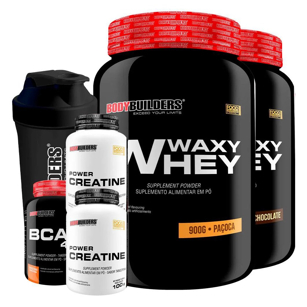 Kit 2x Waxy Whey Protein 900g + 2x Power Creatina 100g + Bcaa 4.5 100g + Coqueteleira - Bodybuilders Chocolate e Paçoca