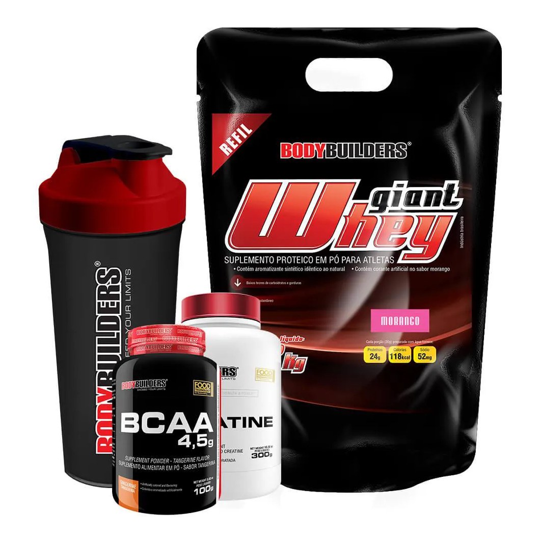 Kit Giant Whey 2kg (refil) + Bcaa 4,5 100g + 100% Creatine 300g + Coqueteleira Sabor: Morango – Bodybuilders