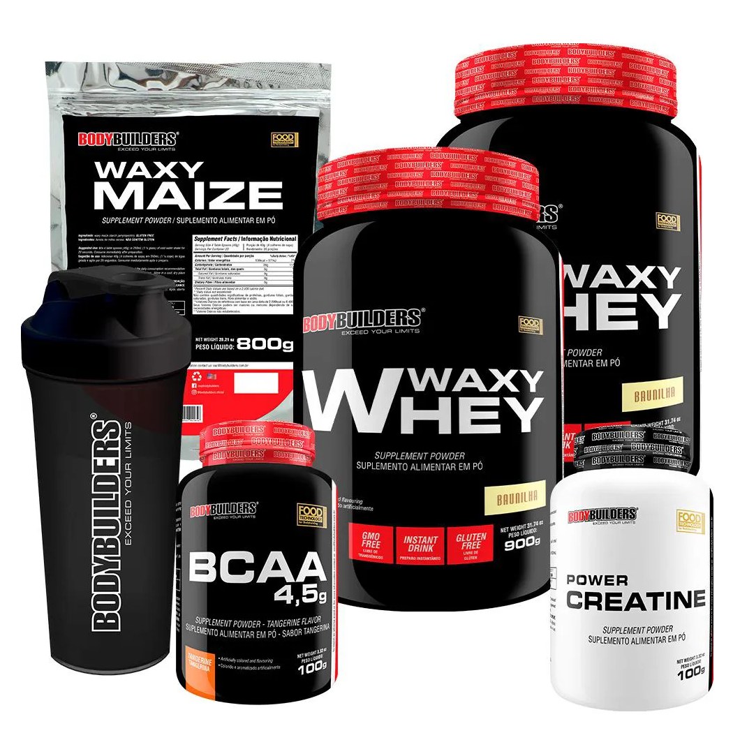 Kit 2x Whey Protein Waxy Whey 900g + Bcaa 4.5 100g + Power Creatina 100g + Waxy Maize 800g + Coque. Baunilha