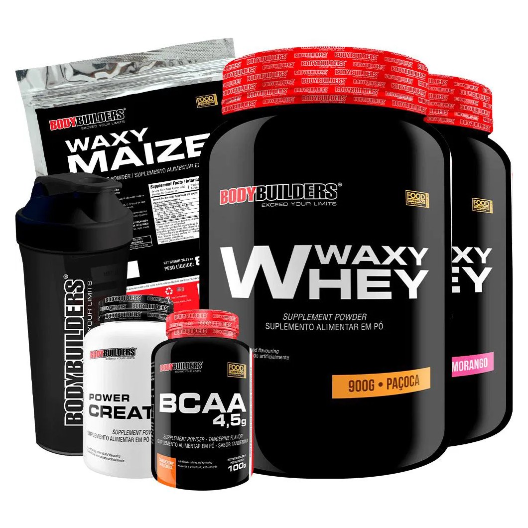 Kit 2x Whey Protein Waxy Whey 900g + Bcaa 4.5 100g + Power Creatina 100g + Waxy Maize 800g + Coque. Morango e Paçoca