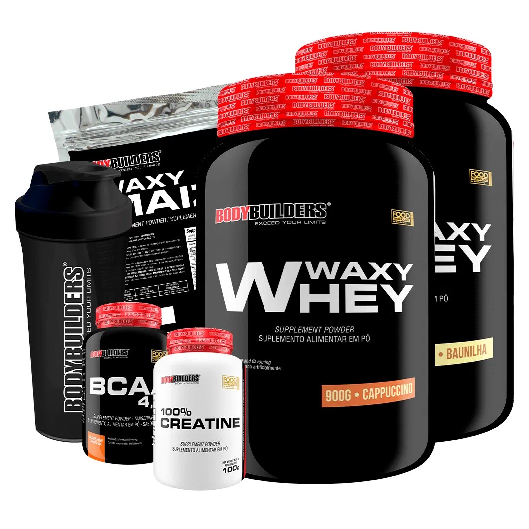 Kit 2x Whey Protein Waxy Whey 900g + Bcaa 4.5 100g + Power Creatina 100g + Waxy Maize 800g + Coque. Baunilha e Cappuccino