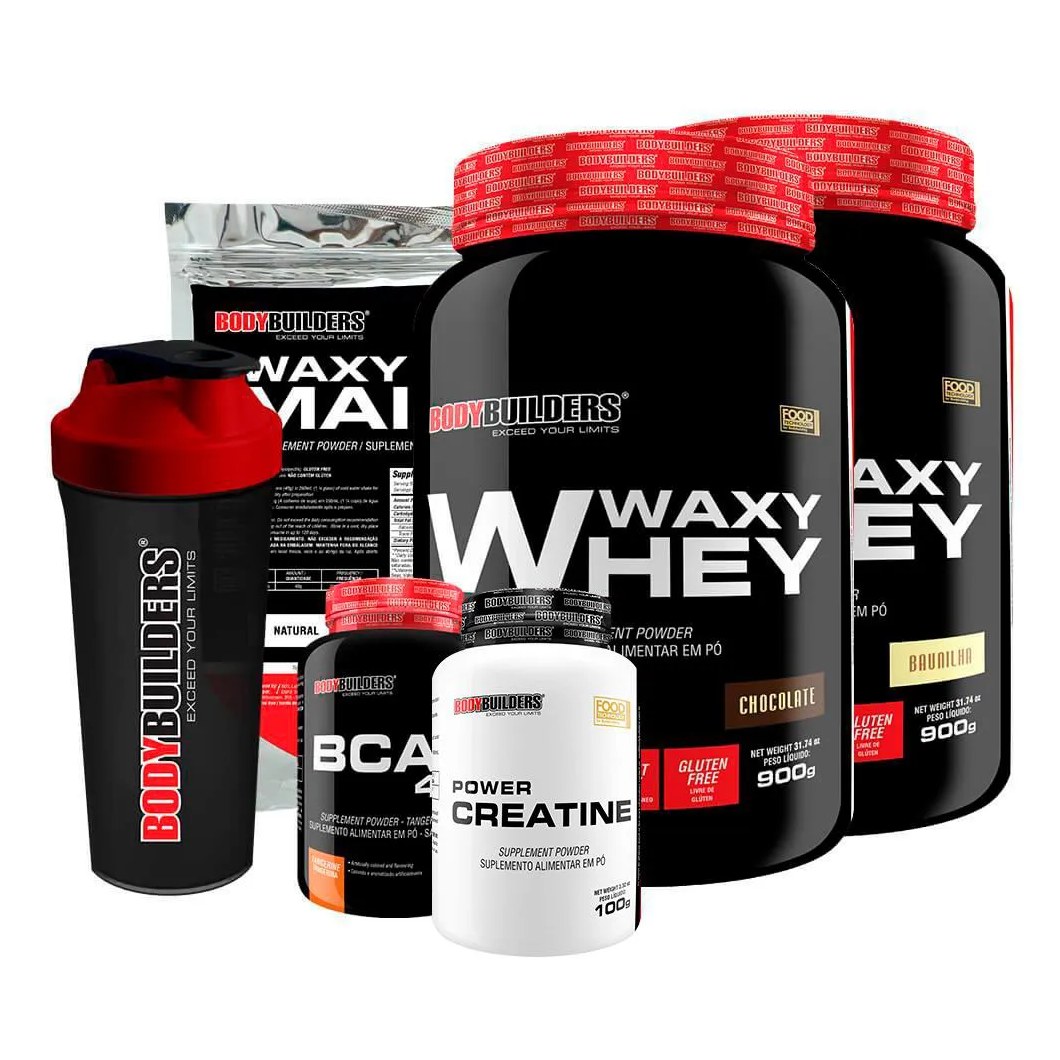 Kit 2x Whey Protein Waxy Whey 900g + Bcaa 4.5 100g + Power Creatina 100g + Waxy Maize 800g + Coque. Chocolate e Cappuccino