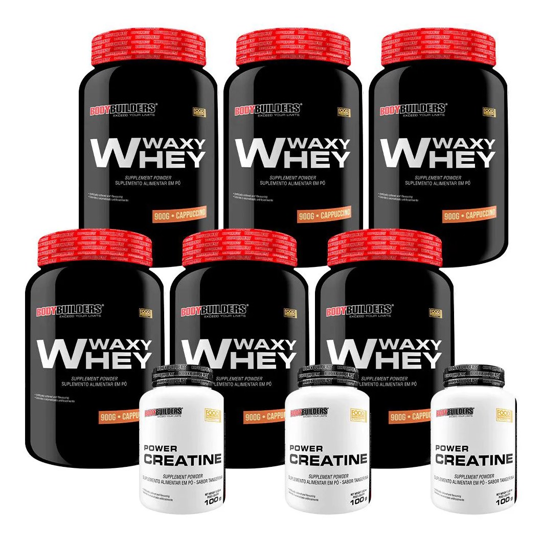Kit 6x Waxy Whey 900g + 3x Power Creatina 100g - Bodybuilders Cappuccino