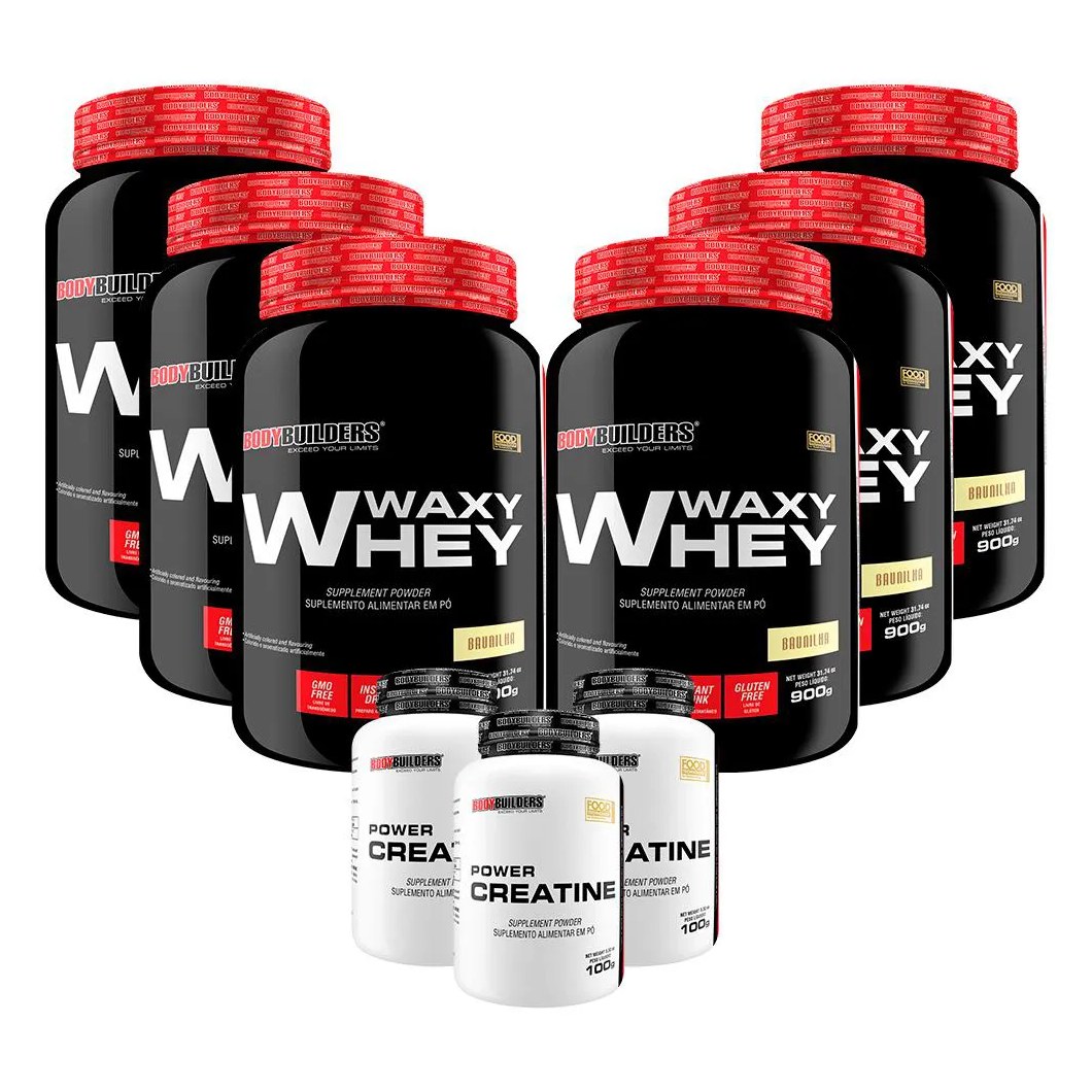Kit 6x Waxy Whey 900g + 3x Power Creatina 100g - Bodybuilders Morango