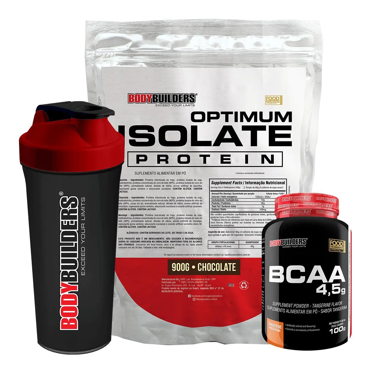 Kit Optimum Isolate Whey Protein 900g + Bcaa 100g + Coqueteleira Sabor Chocolate - Bodybuilders