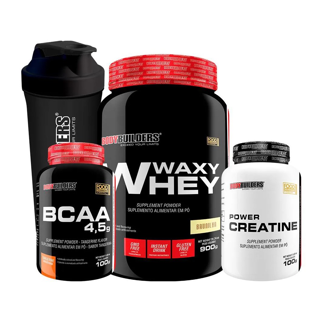 Kit Waxy Whey 900g + Power Creatina 100g + Bcaa 100g + Coqueteleira - Bodybuilders Baunilha