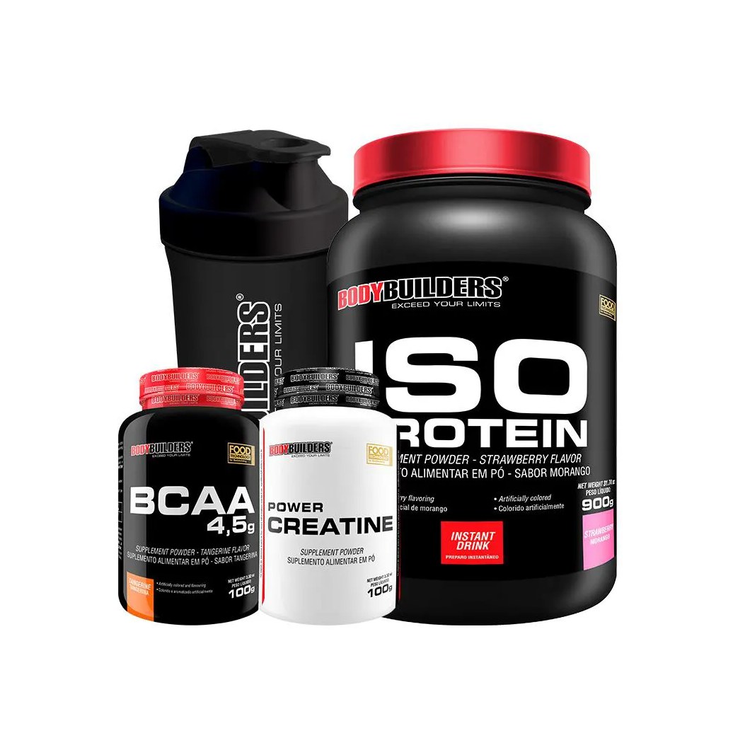 Kit Iso Protein 900g + Power Creatina 100g + Bcaa 100g + Coqueteleira Sabor: Morango - Bodybuilders