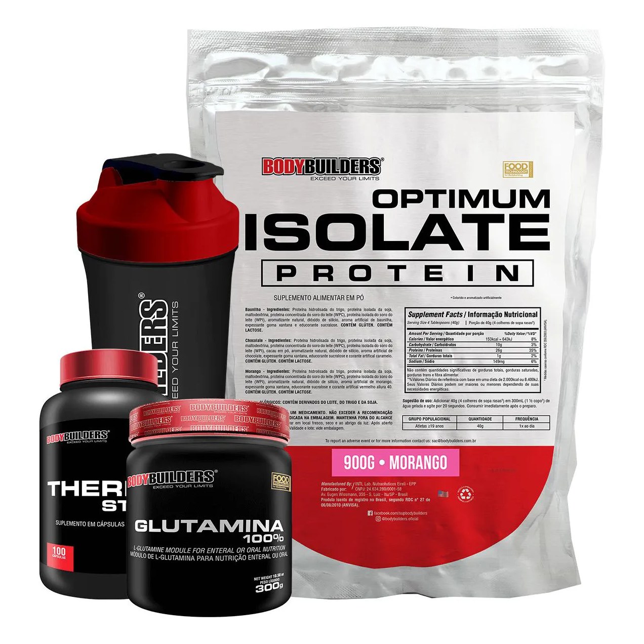 Kit Optimum Isolate Whey Protein 900g + Thermo Start 100 cápsulas + Glutamina 300g + Coqueteleira Sabor Morango - Bodybuilders