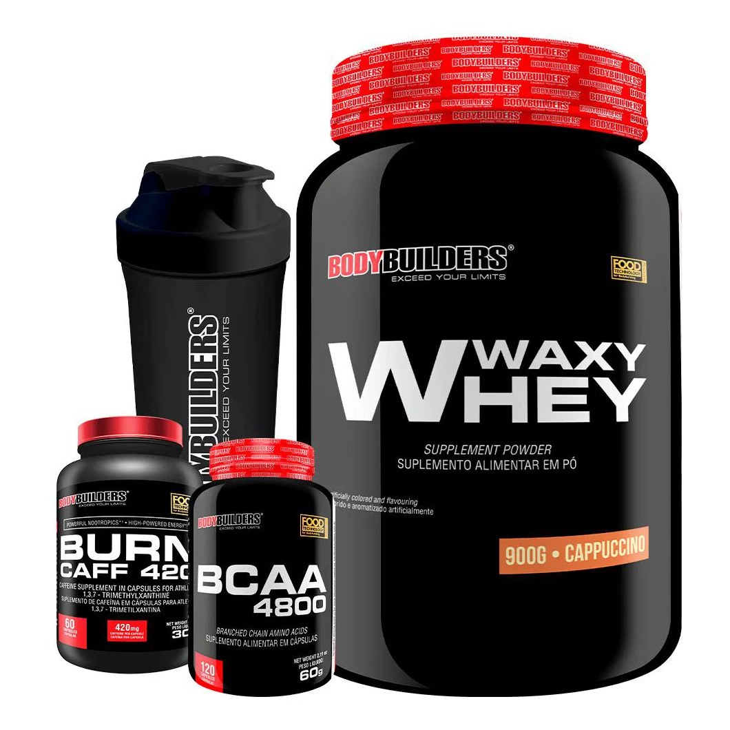 Kit Waxy Whey 900g + Bcaa 4800 120 cápsulas + Pré Treino 60 cápsulas + Coqueteleira - Bodybuilders Bauniha