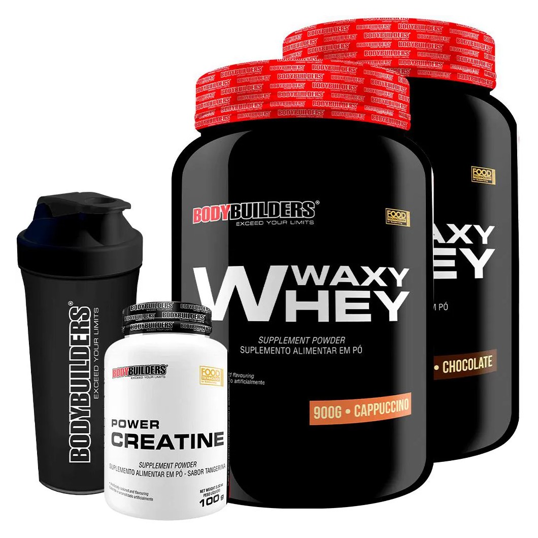 Kit 2x Whey Protein Waxy Whey 900g + Power Creatina 100g + Coqueteleira - Bodybuilders Chocolate e Cappuccino
