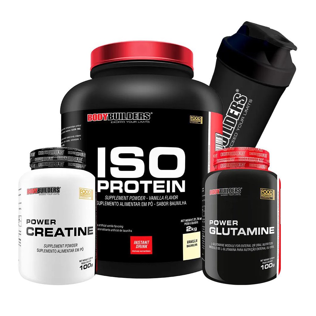 Kit BodyBuilders ISO Protein Baunilha 2kg + Creatina Power Creatine 100g + Glutamina Power Glutamine 100g + Coqueteleira