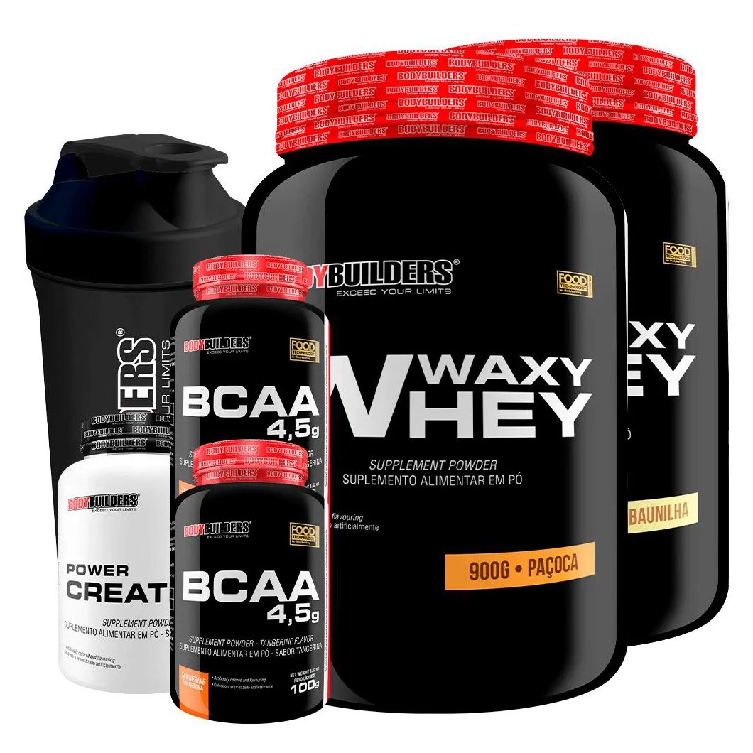 Kit 2x Waxy Whey 900g + 2x Bcaa 4.5 100g + Power Creatina 100g + Coqueteleira - Bodybuilders Baunilha e Paçoca