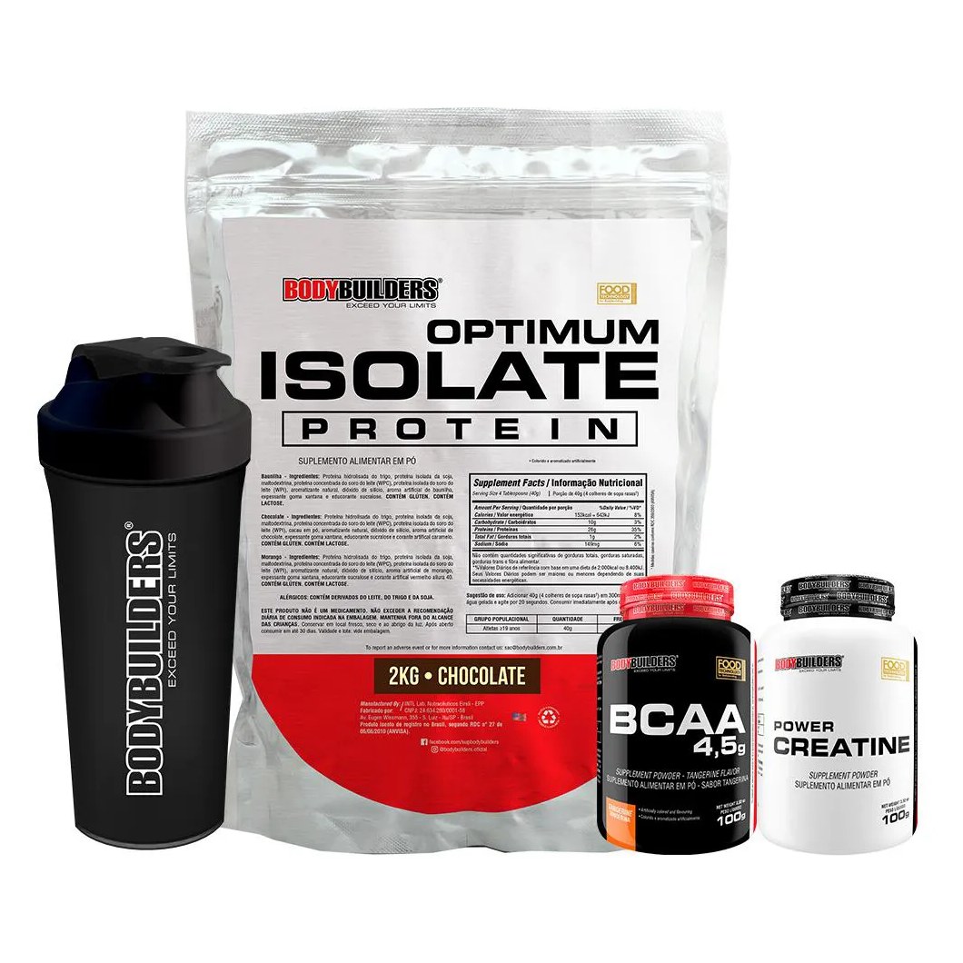 Kit Optimum Isolate Whey Protein 2kg + Bcaa 100g + Power Creatina 100g + Coqueteleira Sabor Chocolate - Bodybuilders