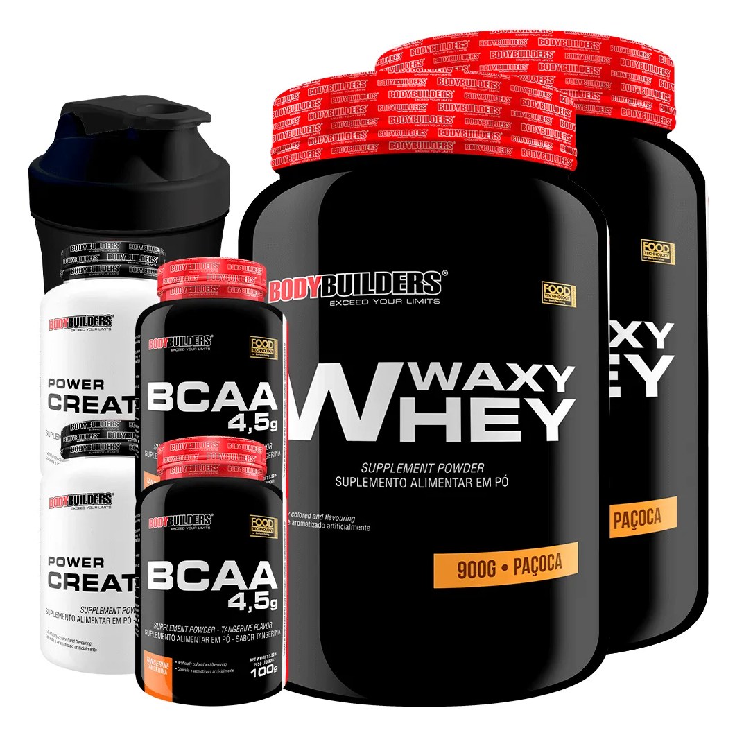 Kit 2x Waxy Whey 900g + 2x Bcaa 100g Tangerina + 2x Power Creatina 100g + Coq - Bodybuilders Paçoca