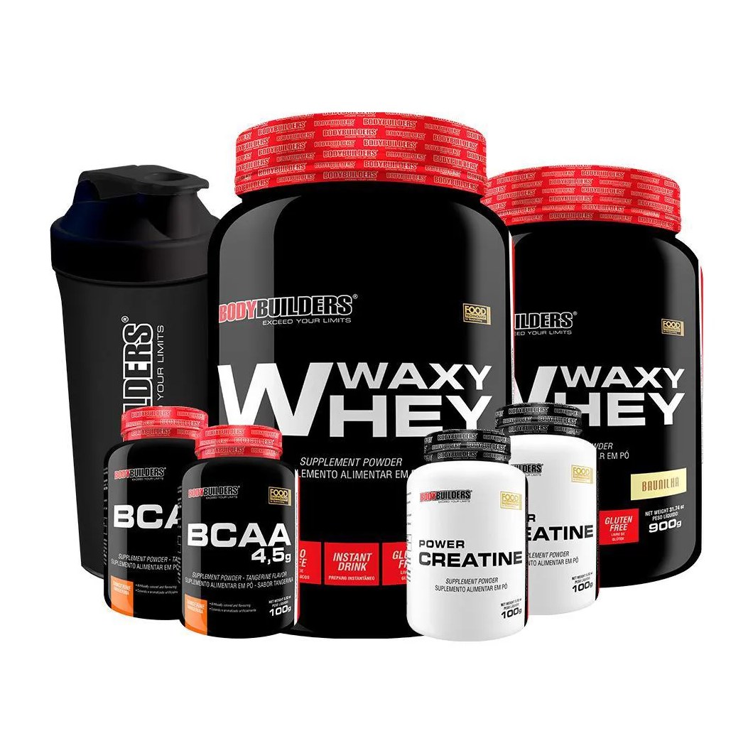 Kit 2x Waxy Whey 900g Sabor Baunilha e Chocolate + 2x Bcaa 100g Tangerina + 2x Power Creatina 100g + Coqueteleira - Bodybuilders