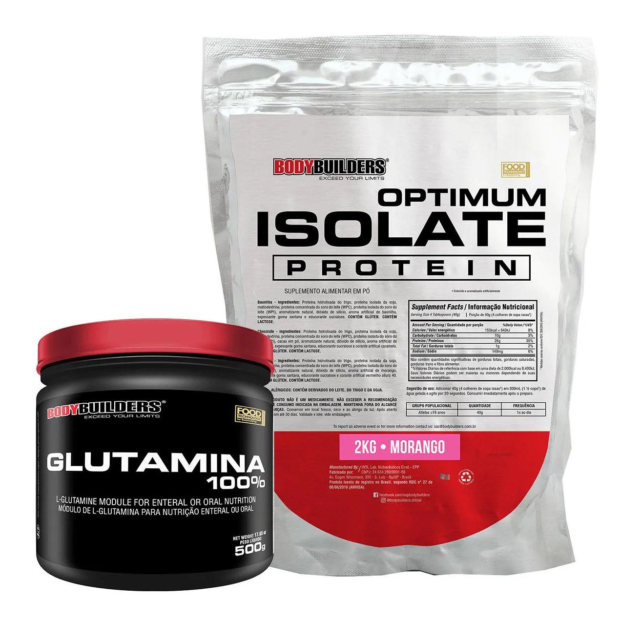 Kit Optimum Isolate Whey Protein 2kg + Glutamina 500g Sabor: Morango - Bodybuilders