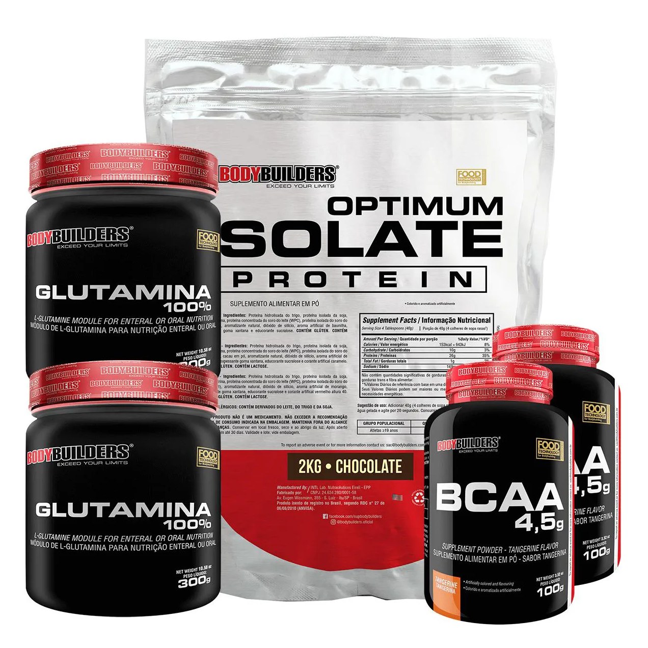 Kit Optimum Isolate Whey Protein 2kg + 2x Bcaa 100g + 2x Glutamina 300g Sabor Chocolate - Bodybuilders