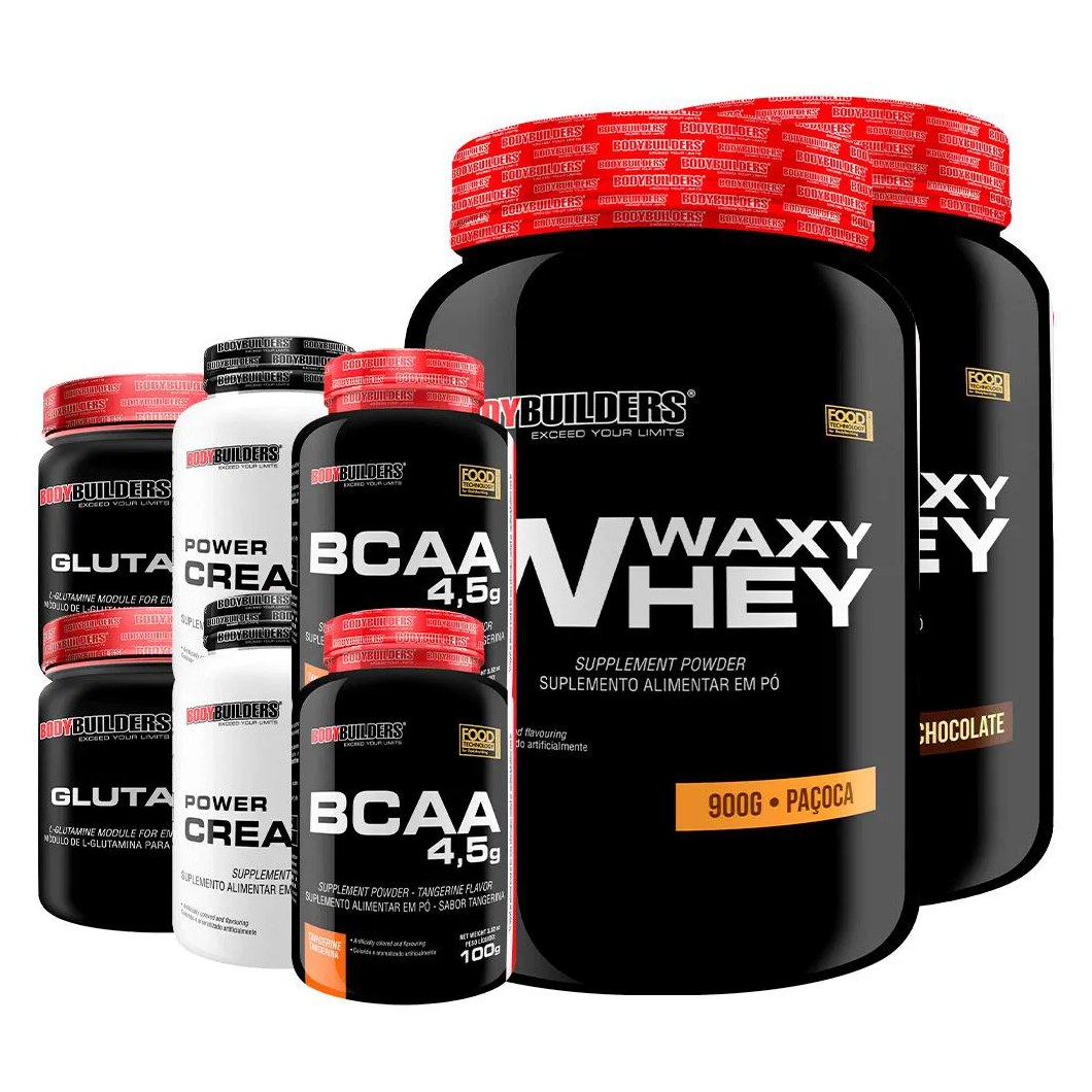 Kit 2x Waxy Whey 900g + 2x Power Creatina 100g + 2x Glutamina 300g + 2x Bcaa 4.5 100g - Bodybuilders Chocolate e Paçoca