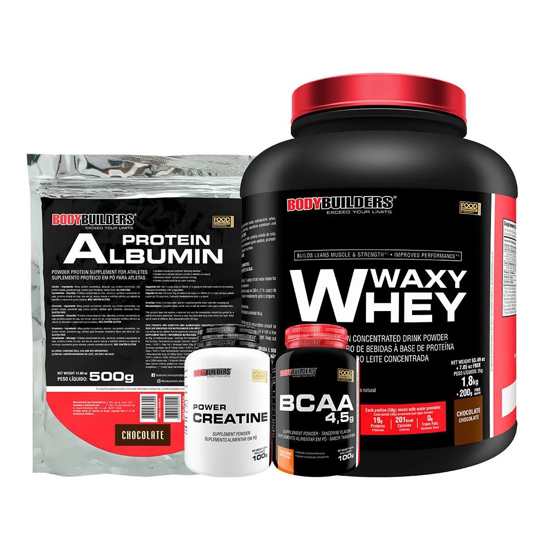 Kit Waxy Whey 2kg + Albumina 500g + Bcaa 100g Tangerina + Power Creatina 100g - Bodybuilders