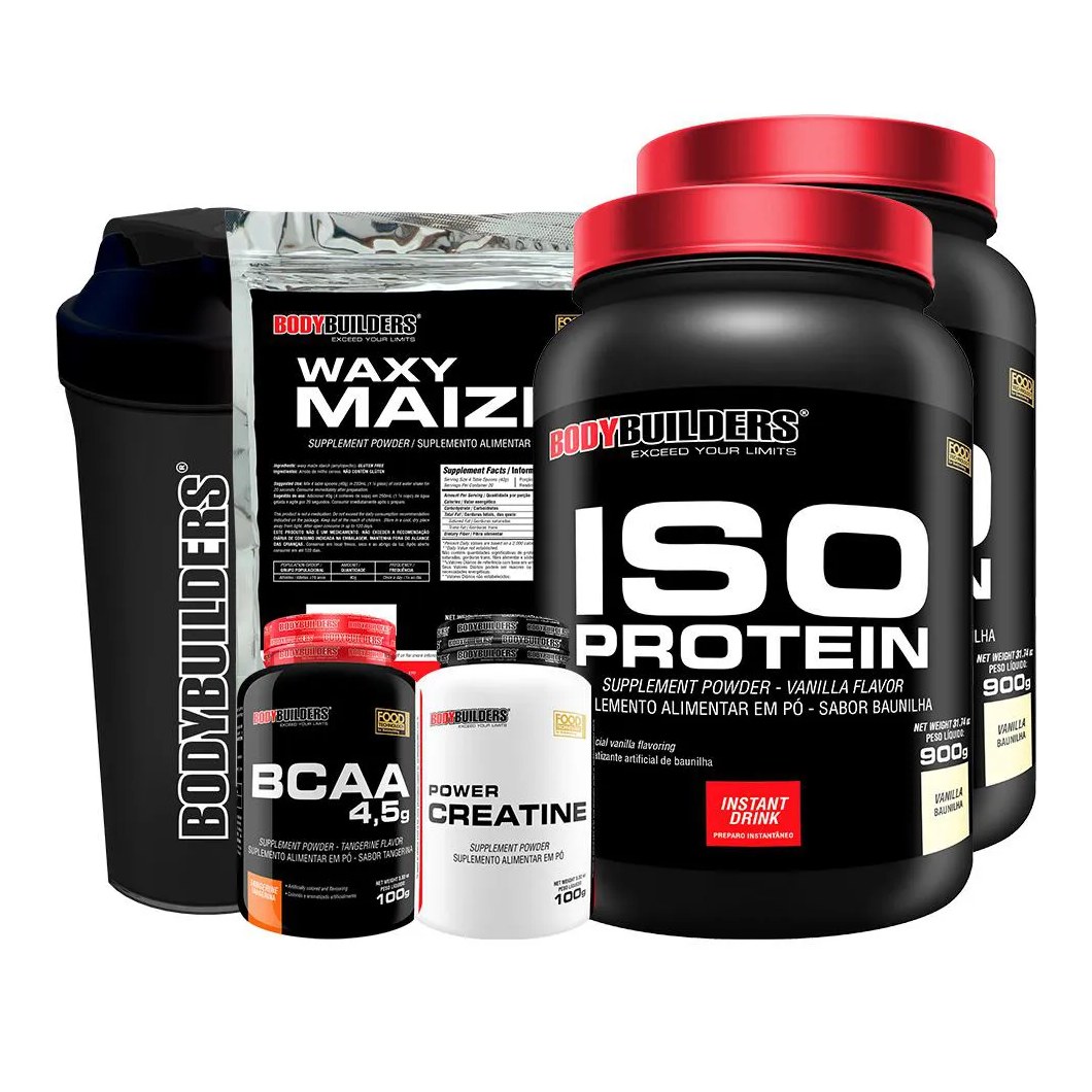 Kit 2x Iso Protein 900g + Bcaa 100g + Power Creatina 100g + Waxy Maize 800g + Coqueteleira - Sabor Baunilha Bodybuilders
